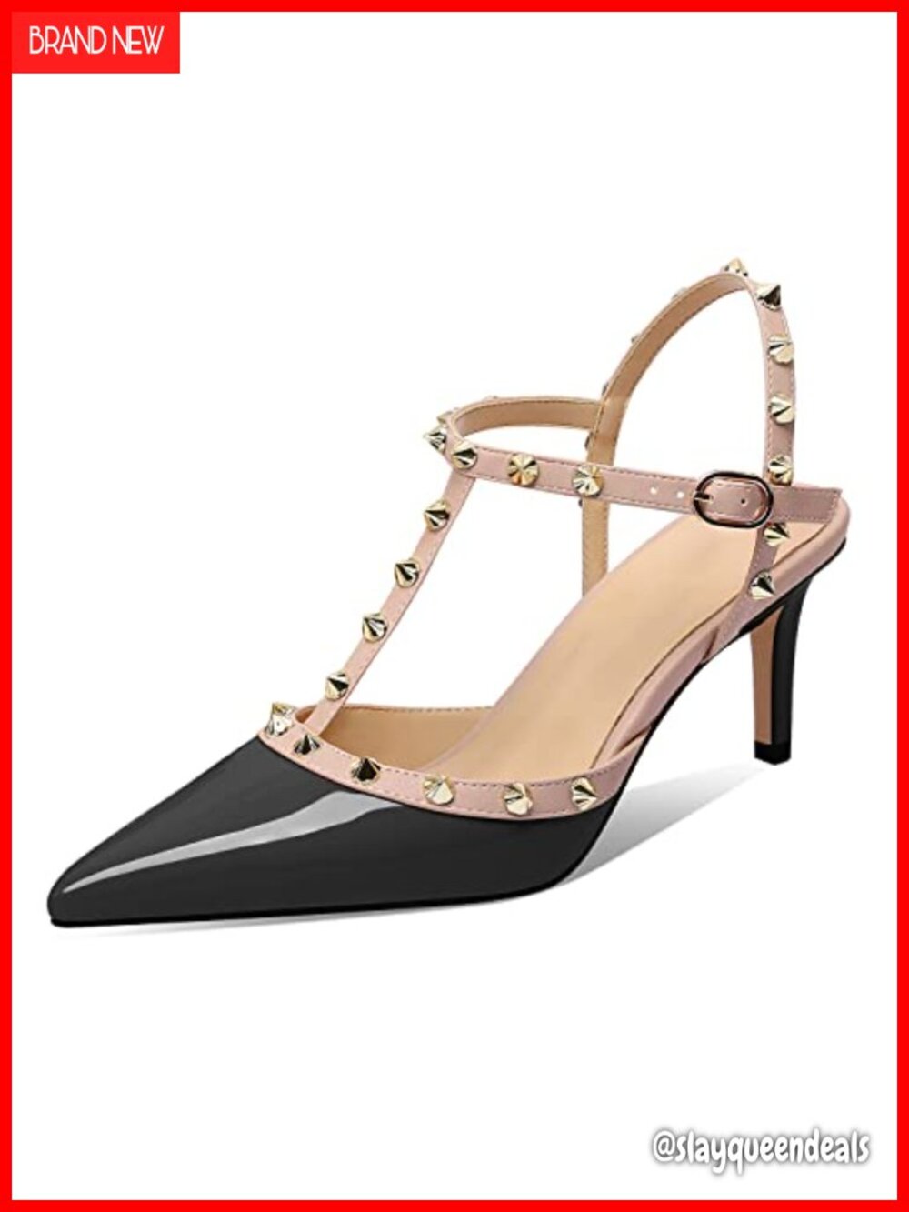Studded Kitten Heel Slingback Sandals Pointed Toe Ankle Strap Faux Leather